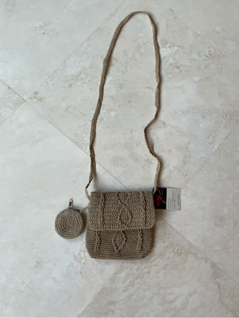 Cute, Macrame Crossbody Beige Zippered Bag w/Coin Pouch -NWT